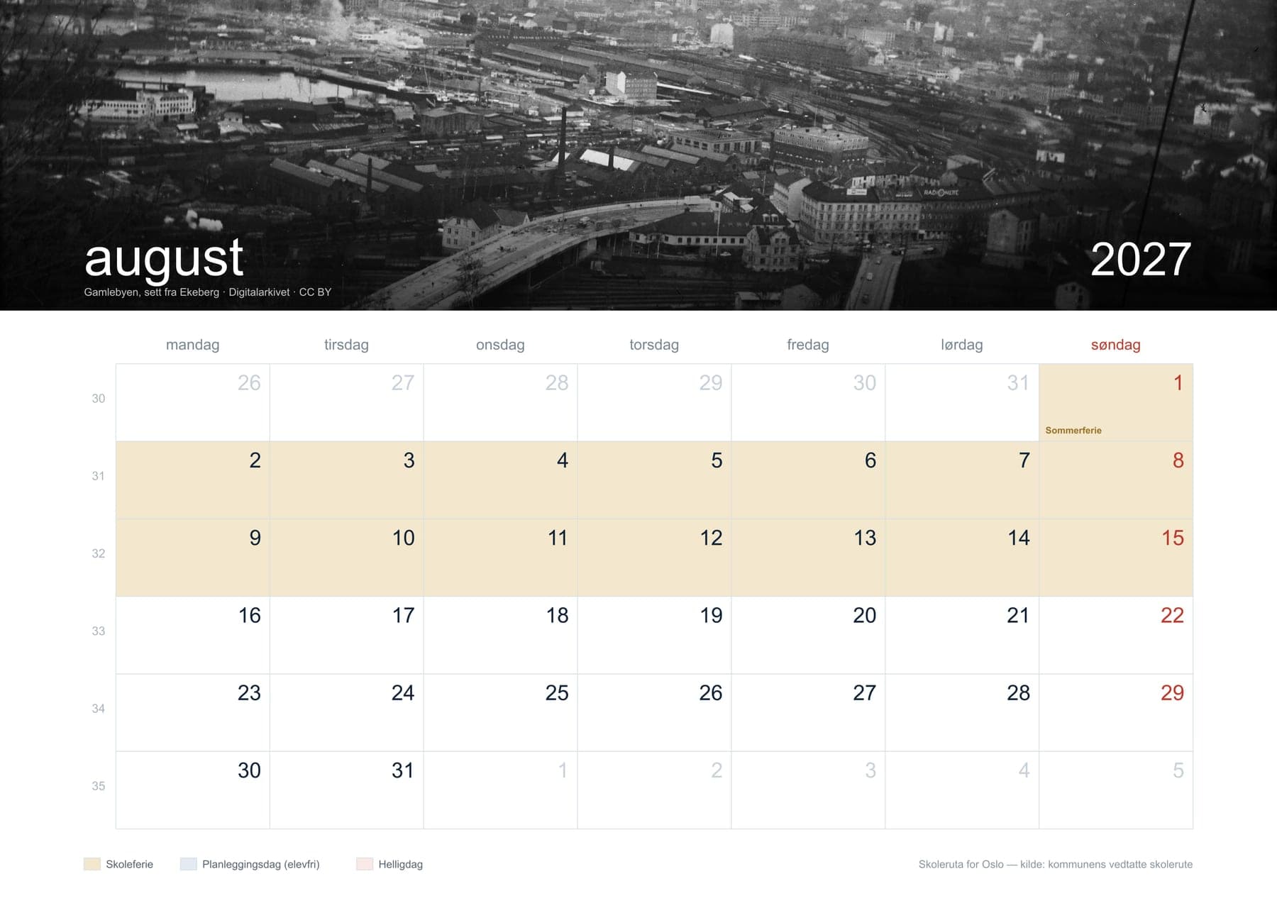 August — skolerutekalender Oslo 2027