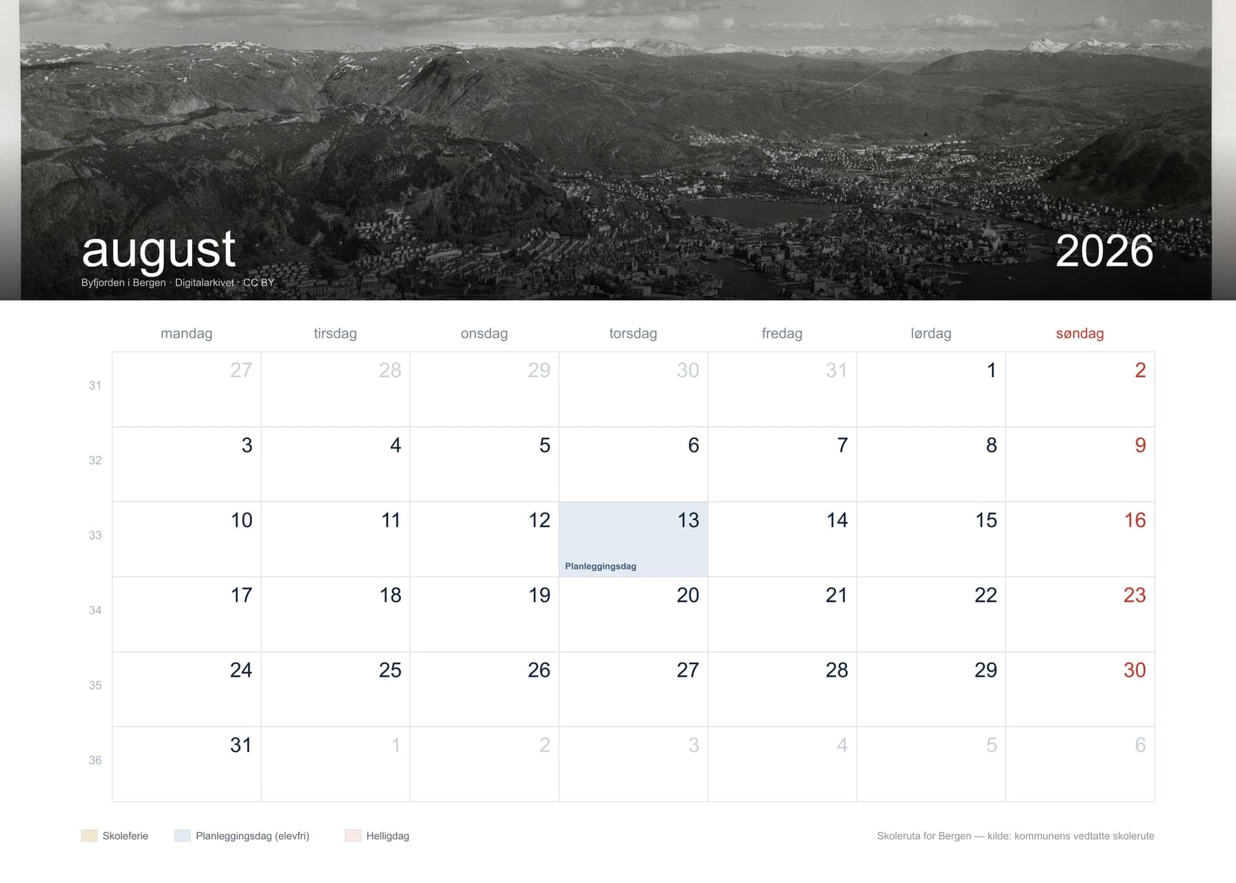 August — skolerutekalender Skolerutekalender Bergen 2026 2026