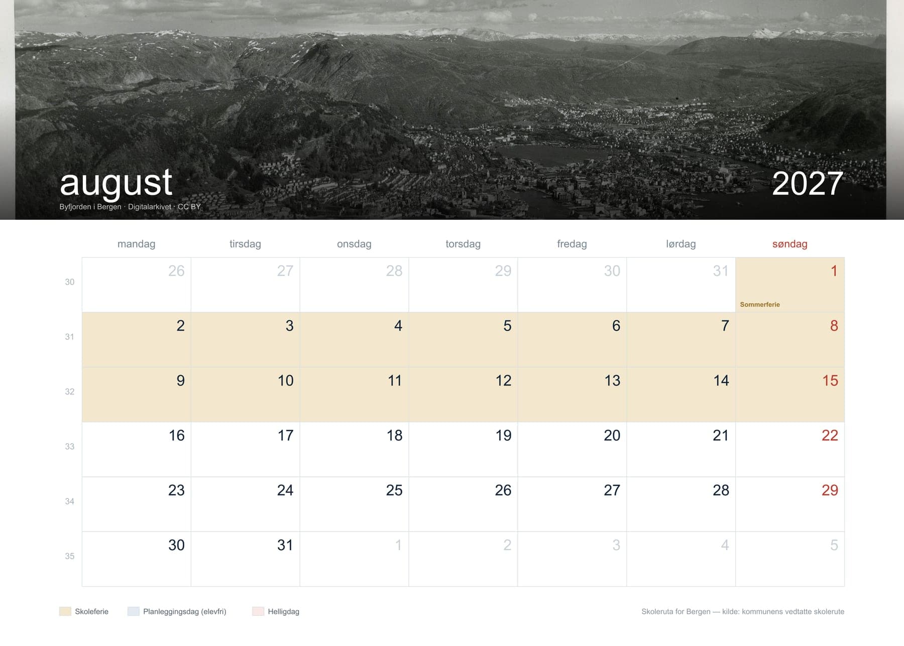August — skolerutekalender Skolerutekalender Bergen 2027 2027